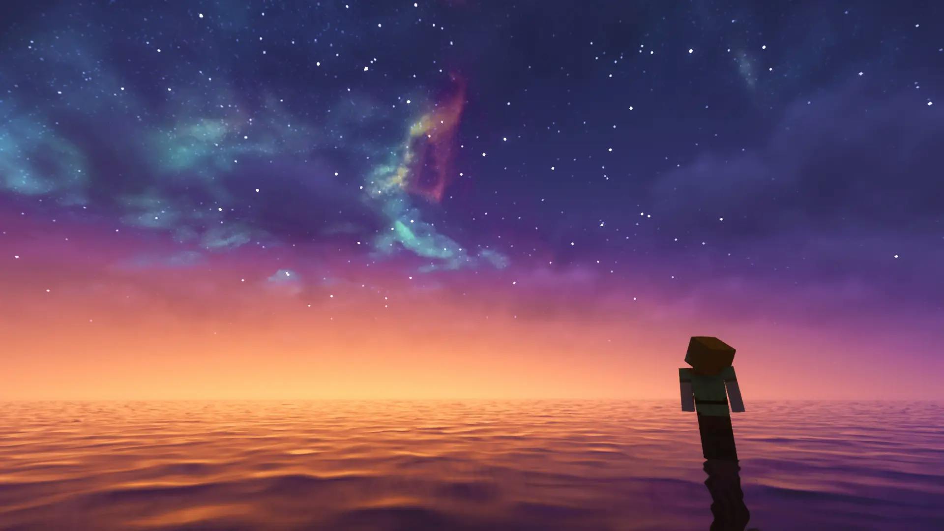 The minecraft alex character on water looking into a very detailed sky.
